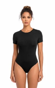 Woman_wearing_thunder_soft_black_t-shirt_bodysuit_posing_front Woman wearing thundersoft black t-shirt bodysuit posing front side