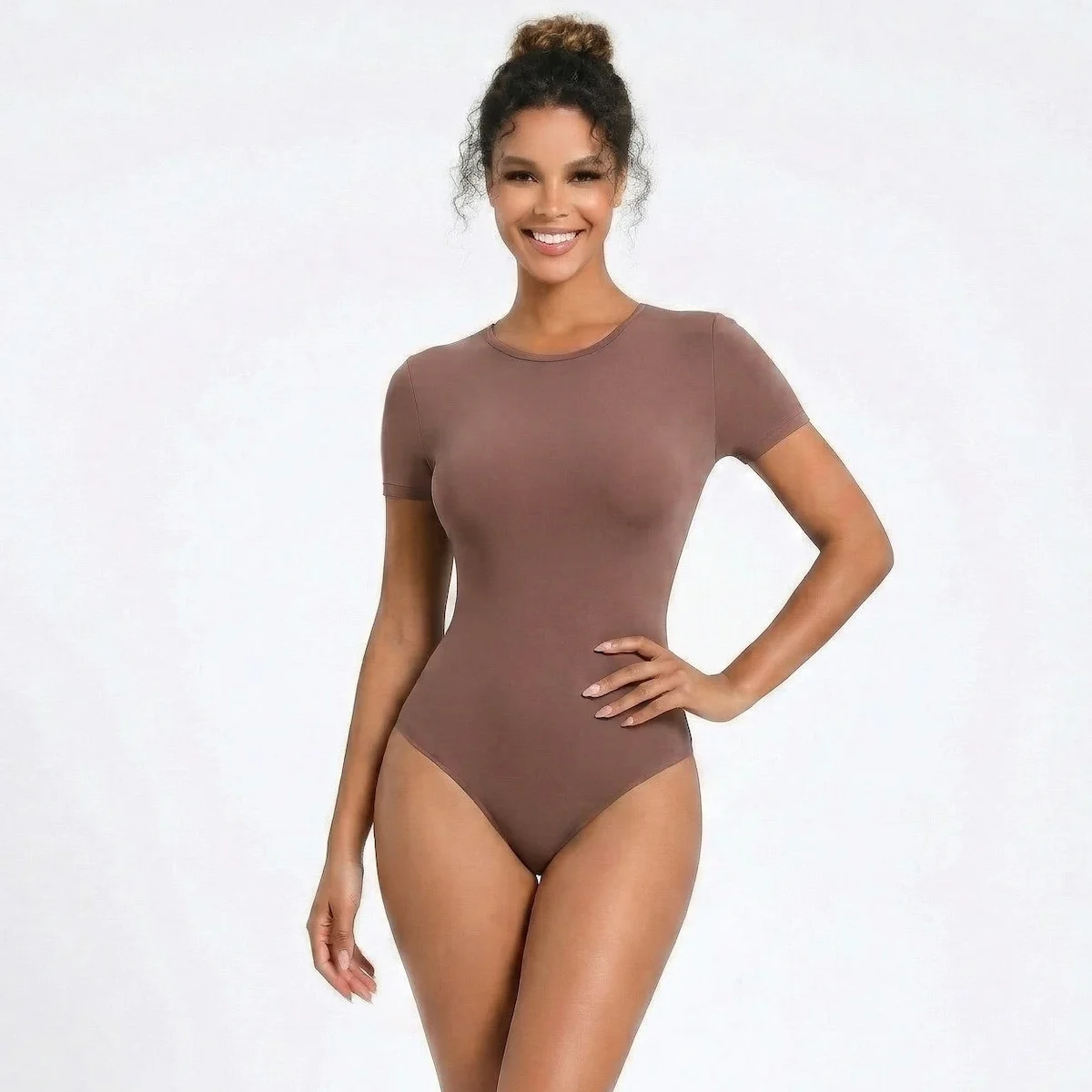 Woman wearing thundersoft brown t-shirt bodysuit
