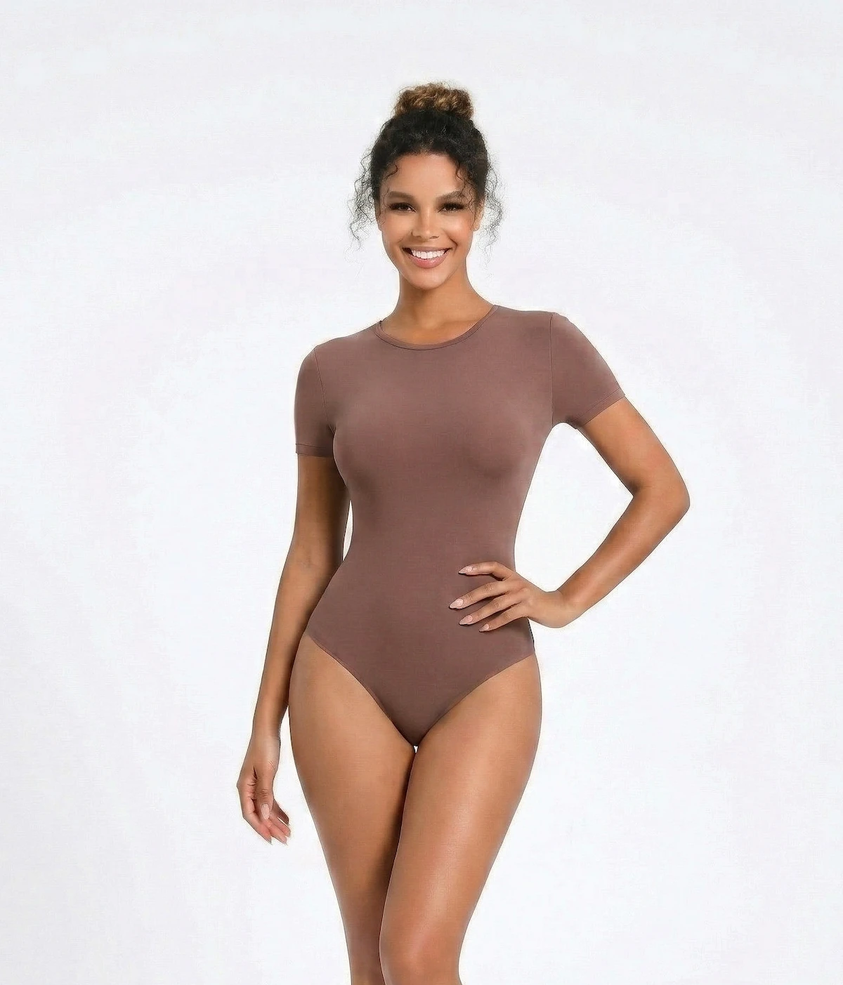 Woman wearing thundersoft brown t-shirt bodysuit