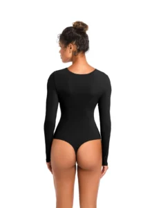 CALIFLO Casual Chic Long Sleeve Crew Neck Bodysuit black back side Thunder Soft – Long Sleeve Scoop Neck Thong Bodysuit - Black - Back View