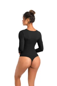CALIFLO Casual Chic Long Sleeve Crew Neck Bodysuit black backside 2 Thunder Soft – Long Sleeve Scoop Neck Thong Bodysuit - Black - Back View