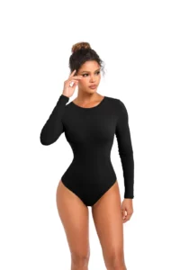 CALIFLO's Thunder Soft Long Sleeve Crew Neck Bodysuit in Black Thunder Soft – Long Sleeve Crew Neck Thong Bodysuit - Black - Front View