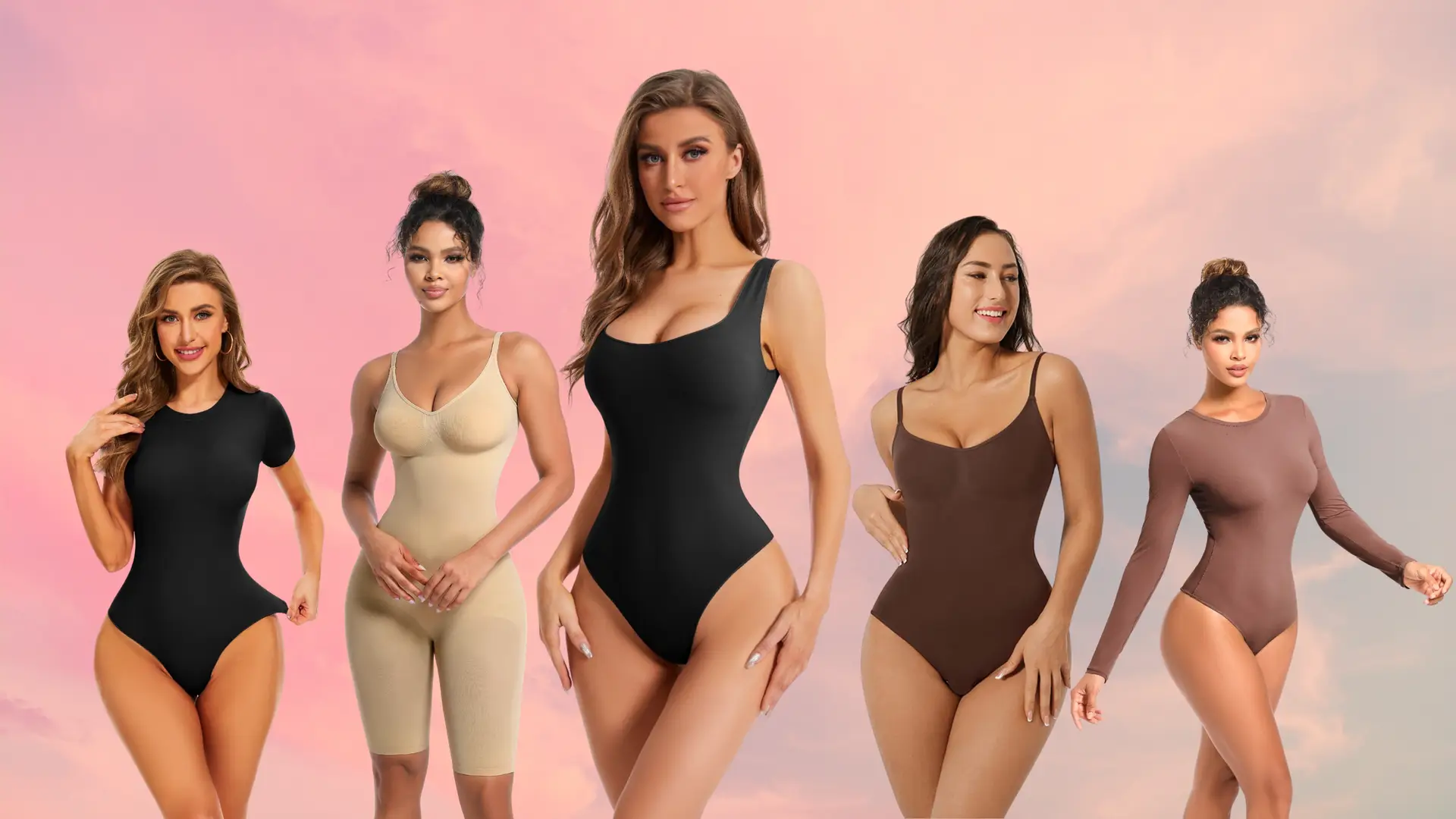 Women wearing CALIFLO high-compression bodysuits with a pink bakground
